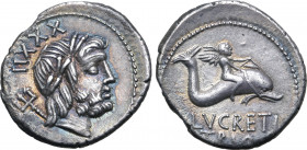 L. Lucretius Trio AR Denarius. Rome, 74 BC. Laureate head of Neptune to right, with trident at shoulder; XXXII (control number) behind / Infant Genius...