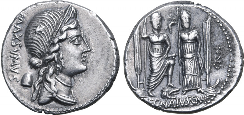 Cn. Egnatius Cn. f. Cn. n. Maxsumus AR Denarius. Rome, 75 BC. Diademed and drape...
