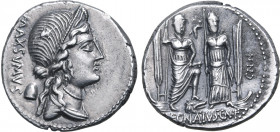 Cn. Egnatius Cn. f. Cn. n. Maxsumus AR Denarius. Rome, 75 BC. Diademed and draped bust of Libertas to right; pileus and MAXSVMVS downwards behind / Ro...