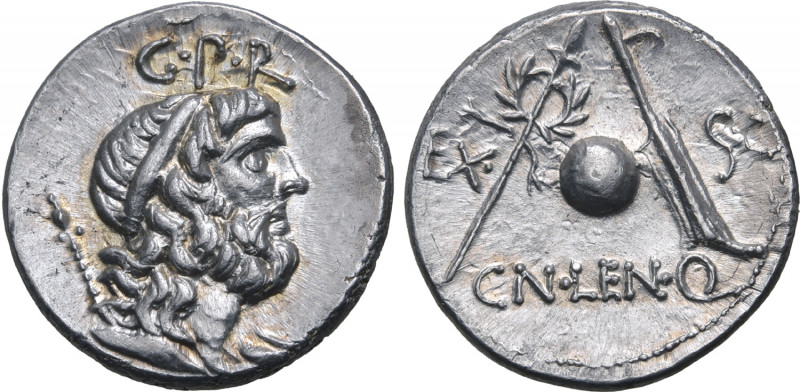 Cn. Lentulus AR Denarius. Uncertain Spanish mint, 76-75 BC. Diademed and draped ...