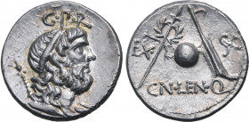 Cn. Lentulus AR Denarius. Uncertain Spanish mint, 76-75 BC. Diademed and draped bust of Genius Populi Romani to right, holding sceptre over shoulder; ...