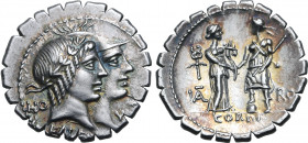 Q. Fufius Kalenus and Mucius Cordus AR Serrate Denarius. Rome, 70 BC. Jugate heads of Honos, laureate, and Virtus, wearing crested helmet, to right; K...