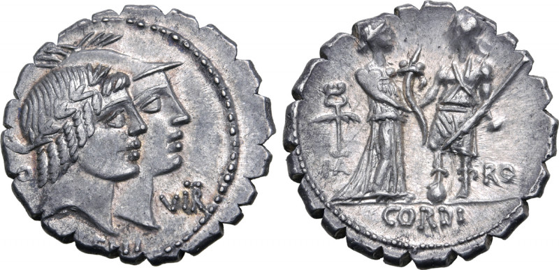 Q. Fufius Kalenus and Mucius Cordus AR Serrate Denarius. Rome, 70 BC. Jugate hea...