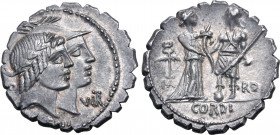 Q. Fufius Kalenus and Mucius Cordus AR Serrate Denarius. Rome, 70 BC. Jugate heads of Honos, laureate, and Virtus, wearing crested helmet, to right; [...