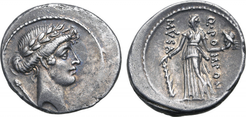 Q. Pomponius Musa AR Denarius. Rome, 66 BC. Laureate head of Apollo to right; sc...