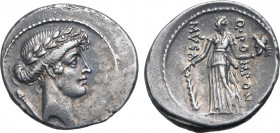 Q. Pomponius Musa AR Denarius. Rome, 66 BC. Laureate head of Apollo to right; sceptre behind / Melpomene standing facing, head to right, wearing sword...