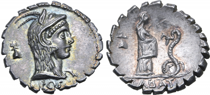 L. Roscius Fabatus AR Serrate Denarius. Rome, 64 BC. Head of Juno Sospita to rig...