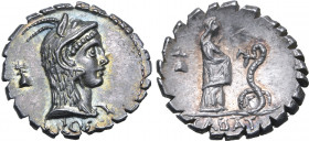 L. Roscius Fabatus AR Serrate Denarius. Rome, 64 BC. Head of Juno Sospita to right, wearing goat skin headdress; pileus of the Dioscuri surmounted by ...