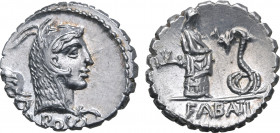 L. Roscius Fabatus AR Serrate Denarius. Rome, 64 BC. Head of Juno Sospita to right, wearing goat-skin headdress; elephant head behind, [L•]ROSCI below...