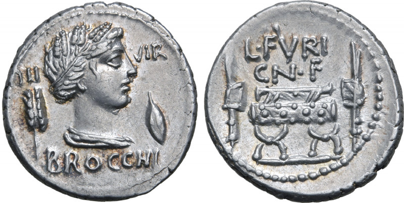 L. Furius Brocchus AR Denarius. Rome, 63 BC. Wreathed and draped bust of Ceres t...