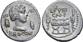 L. Furius Brocchus AR Denarius. Rome, 63 BC. Wreathed and draped bust of Ceres to right; wheat-ear behind, barley grain before, III - VIR across upper...