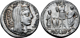 L. Aemilius Lepidus Paullus AR Denarius. Rome, 62 BC. PAVLLVS LEPIDVS CONCORDIA, veiled and diademed head of Concordia to right / Trophy, togate figur...