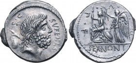 M. Nonius Sufenas AR Denarius. Rome, 59 BC. Head of Saturn to right; harpa, baetyl and S•C upwards behind, SVFENAS downwards before / Roma seated to l...