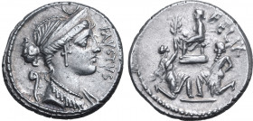 Faustus Cornelius Sulla AR Denarius. Rome, 56 BC. Draped bust of Diana to right, wearing diadem with crescent; lituus behind, FAVSTVS downwards before...