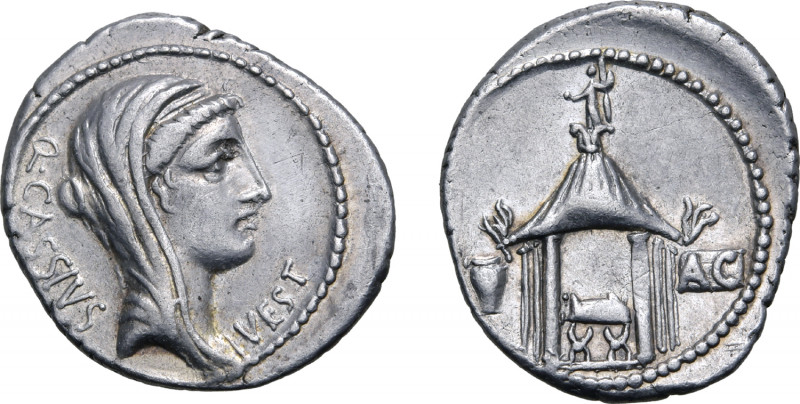Q. Cassius Longinus AR Denarius. Rome, 55 BC. Veiled head of Vesta to right; Q•C...