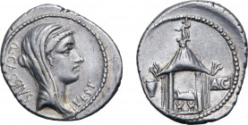 Q. Cassius Longinus AR Denarius. Rome, 55 BC. Veiled head of Vesta to right; Q•CASSIVS downwards behind, VEST upwards before / Curule chair within cir...