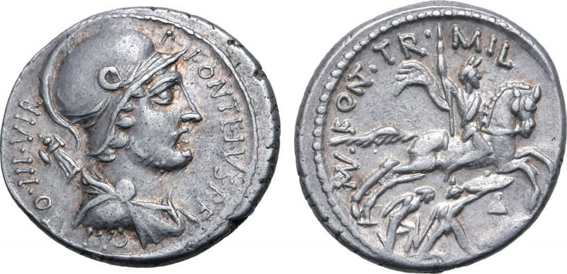 P. Fonteius P. f. Capito AR Denarius. Rome, 55 BC. Helmeted and draped bust of M...