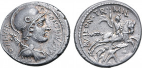 P. Fonteius P. f. Capito AR Denarius. Rome, 55 BC. Helmeted and draped bust of Mars to right; trophy behind, P•FONTEIVS•P•F•CAPITO•III•VIR around / Wa...