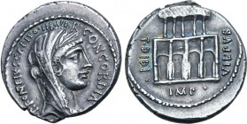 P. Fonteius P. f. Capito AR Denarius. Rome, 55 BC. P•FONTEIVS•CAPITO•III•VIR•CONCORDIA, diademed and veiled bust of Concordia to right / Villa Publica...