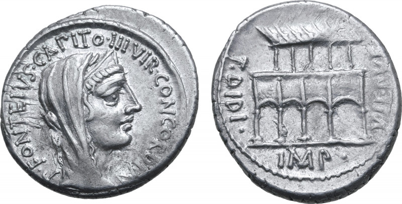 P. Fonteius P. f. Capito AR Denarius. Rome, 55 BC. P•FONTEIVS•CAPITO•III•VIR•CON...