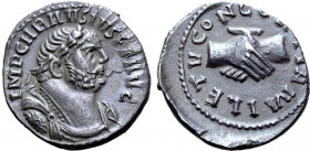 Carausius AR 'Denarius'. Uncertain British mint, AD 286-293. IMP CARAVSIVS P F AVG, laureate, draped and cuirassed bust to right / CONCORDIA MILETV, c...