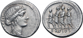 Q. Servilius Caepio (M. Junius) Brutus AR Denarius. Rome, 54 BC. Bust of Libertas to right; LIBERTAS downwards behind / Consul L. Junius Brutus, betwe...