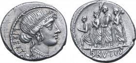 Q. Servilius Caepio (M. Junius) Brutus AR Denarius. Rome, 54 BC. Bust of Libertas to right; LIBERTAS downwards behind / Consul L. Junius Brutus, betwe...