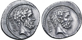 Q. Servilius Caepio (M. Junius) Brutus AR Denarius. Rome, 54 BC. Bare head of L. Junius Brutus to right; BRVTVS downwards to left / Bare head of C. Se...