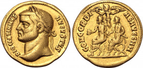Diocletian AV Aureus. Antioch, AD 293. DIOCLETIANVS AVGVSTVS, laureate head to left / CONCORDIAE AVGG NN, Diocletian and Maximian seated to left on cu...