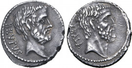 Q. Servilius Caepio (M. Junius) Brutus AR Denarius. Rome, 54 BC. Bare head of L. Junius Brutus to right; BRVTVS downwards behind / Bare head of C. Ser...