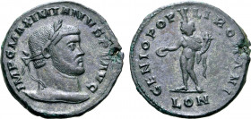 Maximian BI Nummus. London, AD 297-305. IMP C MAXIMIANVS P F AVG, laureate head to right / GENIO POPVLI ROMANI, Genius, wearing modius on head, standi...