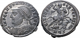 Constantius I BI Nummus. Aquileia, AD 305-306. IMP CONSTANTIVS P F AVG, laureate, helmeted and cuirassed bust to left, holding sceptre and ornately de...