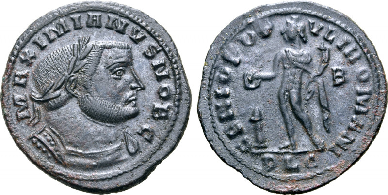 Galerius, as Caesar, BI Nummus. Lugdunum, AD 301-303. MAXIMIANVS NOB C, laureate...