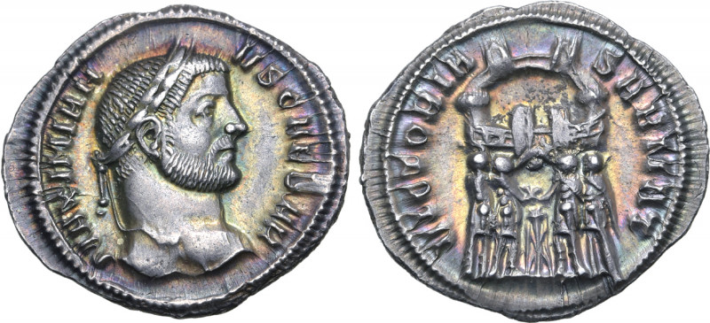 Galerius AR Argenteus. Ticinum, AD 295. MAXIMIANVS CAESAR, laureate head to righ...