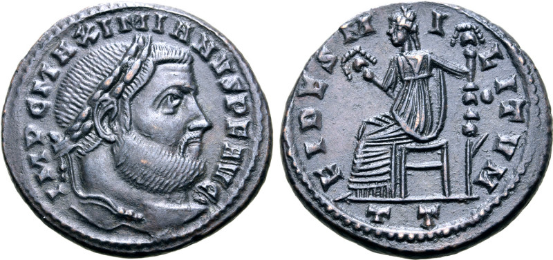 Galerius BI Nummus. Ticinum, AD 305. IMP C MAXIMIANVS P F AVG, laureate head to ...