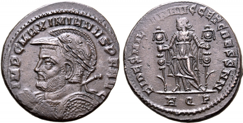 Galerius BI Nummus. Aquileia, AD 306-307. IMP C MAXIMIANVS P F AVG, laureate, he...