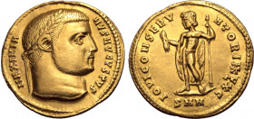 Galerius AV Aureus. Nicomedia, AD 307-308. MAXIMIANVS AVGVSTVS, laureate head to right / IOVI CONSERVATORI NKYLXC (partially ligate), Jupiter standing...