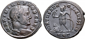 Maximinus II, as Caesar, BI Nummus. Aquileia, AD 305-306. MAXIMINVS NOB CAES, laureate head to right / VIRTVS AVGG ET CAESS NN, Prince standing to lef...