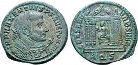 Maxentius BI Nummus. Aquileia, AD 307-310. IMP MAXENTIVS P F AVG CONS II, laureate bust to right, wearing imperial mantle and holding eagle-tipped sce...