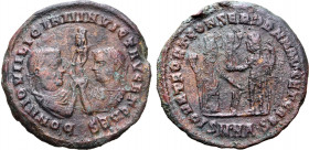 Licinius I, with Licinius II as Caesar, BI Nummus. Nicomedia, AD 320. DD NN IOVII LICINII INVICT AVG ET CAES, confronted laureate and draped busts of ...