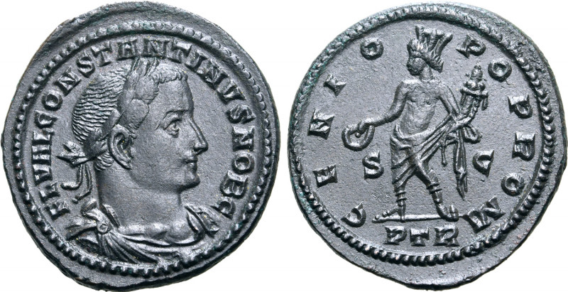 Constantine I 'the Great', as Caesar, BI Nummus. Treveri, AD 307. FL VAL CONSTAN...