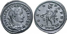 Constantine I 'the Great', as Caesar, BI Nummus. Treveri, AD 307. FL VAL CONSTANTINVS NOB C, laureate, draped and cuirassed bust to right / GENIO POP ...