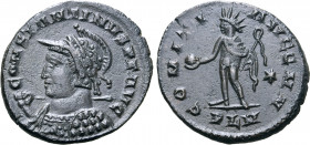 Constantine I 'the Great' BI Nummus. London, AD 310-312. CONSTANTINVS P F AVG, helmeted and cuirassed bust to left, holding shield and spear over shou...