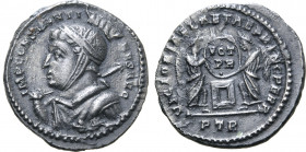 Constantine I 'the Great' BI Pseudo-Argenteus. Treveri, AD 318-319. IMP CONSTANTINVS AVG, cuirassed bust to left, wearing high-crested helmet and hold...