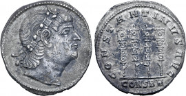 Constantine I 'the Great' AR Miliarense. Constantinople, AD 335-336. Rosette-diademed head to right, looking upwards / CONSTANTINVS AVG, four standard...