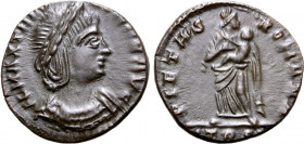 Theodora (deceased wife of Constantius I) Æ 15mm. Treveri, AD 340. FL MAX THE[ODORAE] AVG, draped bust to right / PIETAS ROMANA, Pietas standing facin...