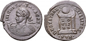 Crispus, as Caesar, BI Nummus. Treveri, AD 322-323. IVL CRISPVS NOB CAES, laureate and cuirassed bust to left, holding spear and shield / BEATA TRANQV...