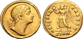 Crispus, as Caesar, AV Solidus. Sirmium, AD 325-326. Diademed head to right / CRISPVS CAESAR, Victory advancing to left, holding wreath and palm branc...