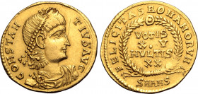 Constantius II AV Solidus. Antioch, AD 337-347. CONSTANTIVS AVG, pearl-diademed, draped and cuirassed bust to right / FELICITAS ROMANORVM, wreath enci...