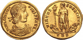 Constantius II AV Solidus. Thessalonica, AD 337-340. FL IVL CONSTANTIVS P F AVG, rosette-diademed, draped and cuirassed bust to right / VIRTVS EXERCIT...